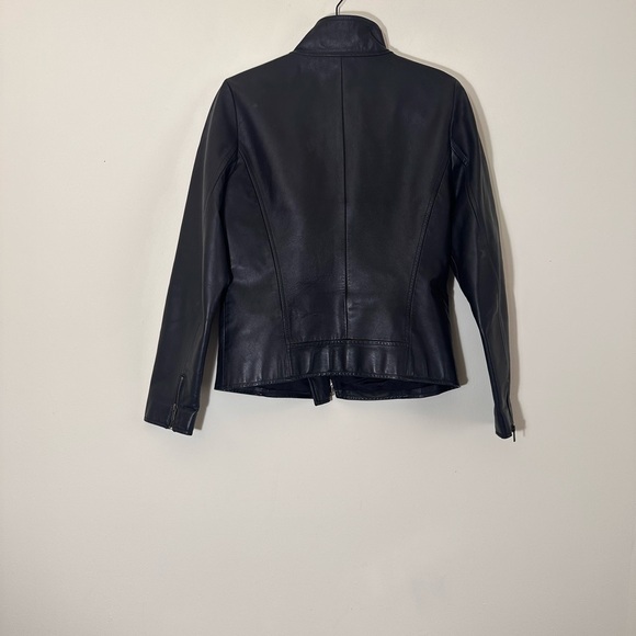 Eileen Fisher Leather black moto biker jacket Asymmetrical zip size small - Picture 4 of 16